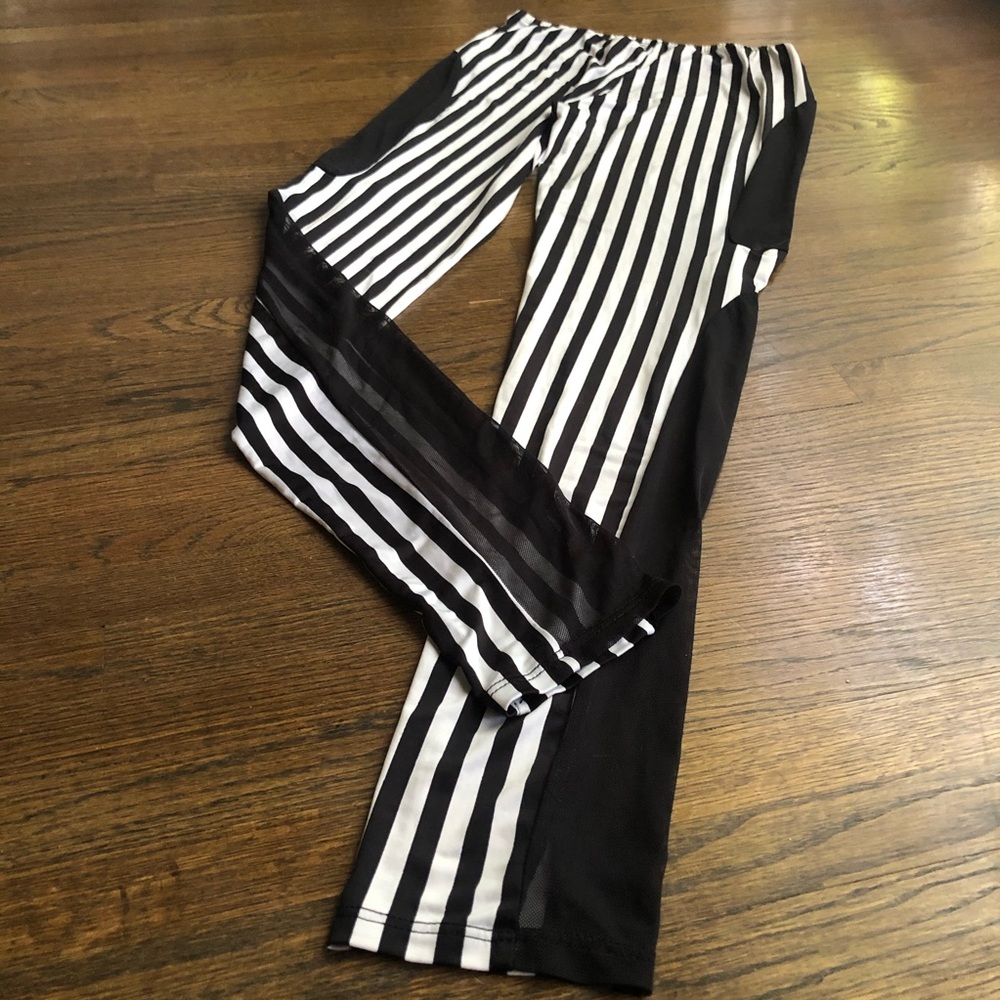 Sexy Stripe Black White Mesh Panel Leggings Pants